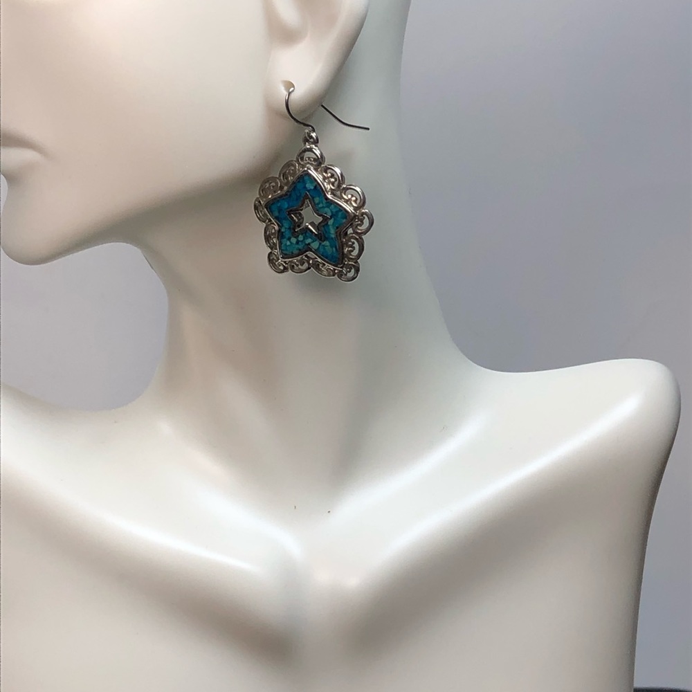 Trifari Dark Silver Tone Star Dangle Pierced Earrings with Turquoise Chip Enlay - Picture 2 of 10